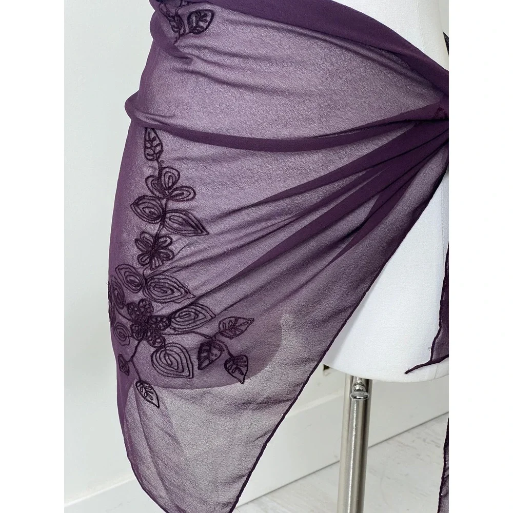 Purple Embroidered Sheer Scarf Wrap